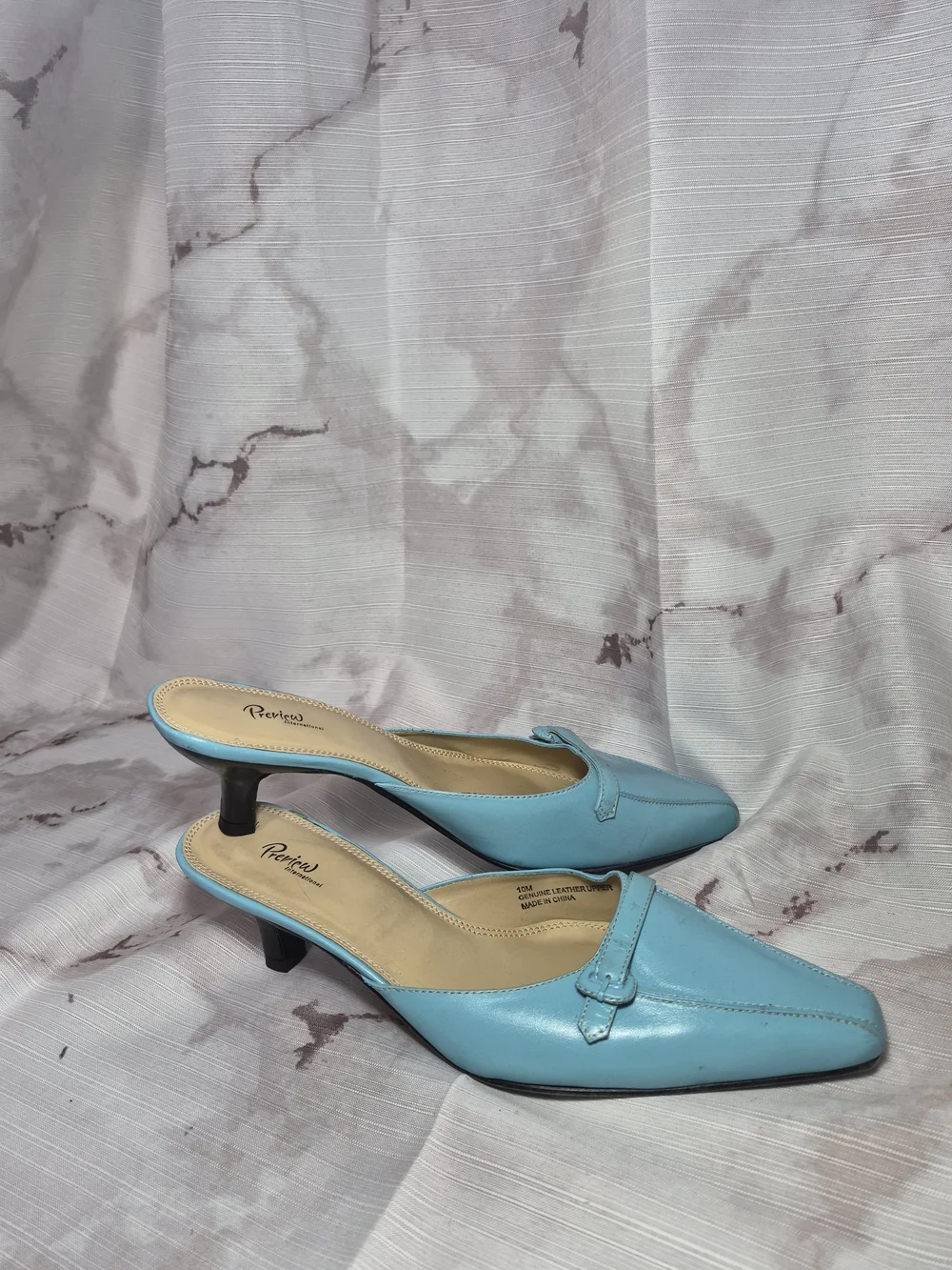 Preview International Women's Light Blue Leather Kitten Heel Mules - Picture 3 of 9